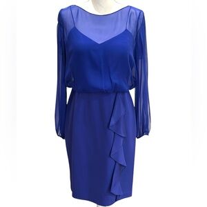 Kay Unger Blue Silk Cocktail Dress Sheer Split Sleeve Over Cami Bodice Ruffle